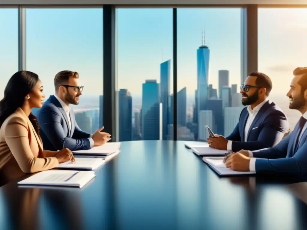 Inversores inmobiliarios analizan estrategias de inversión en imagen 8k Grupo diverso de inversores inmobiliarios revisando documentos y gráficos en una moderna sala de juntas