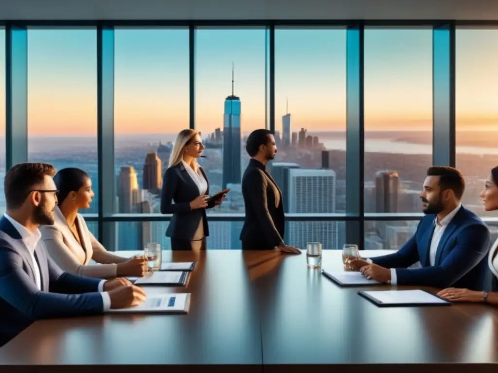 Inversores inmobiliarios: Estrategias innovadoras en la era digital Grupo diverso de inversores inmobiliarios colaborando en moderna sala de juntas con vista panorámica de la ciudad