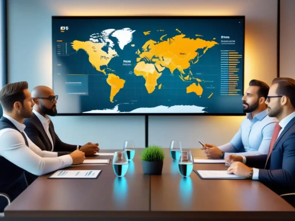 Inversores inmobiliarios en sala de reuniones analizan mercados emergentes Grupo diverso de inversores inmobiliarios en sala de juntas moderna, analizando estrategias financieras en países en desarrollo