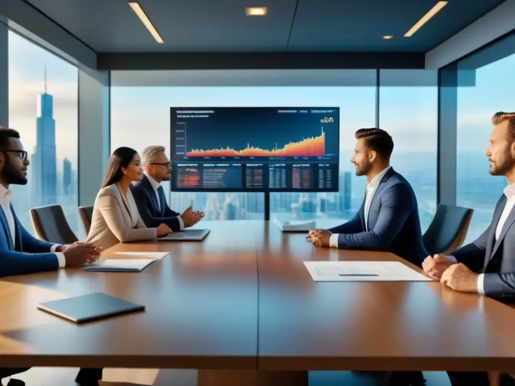 Inversores inmobiliarios expertos en moderna sala de juntas Grupo diverso de inversores inmobiliarios en sala moderna discutiendo con gráficos y datos, destacando beneficios fiscales