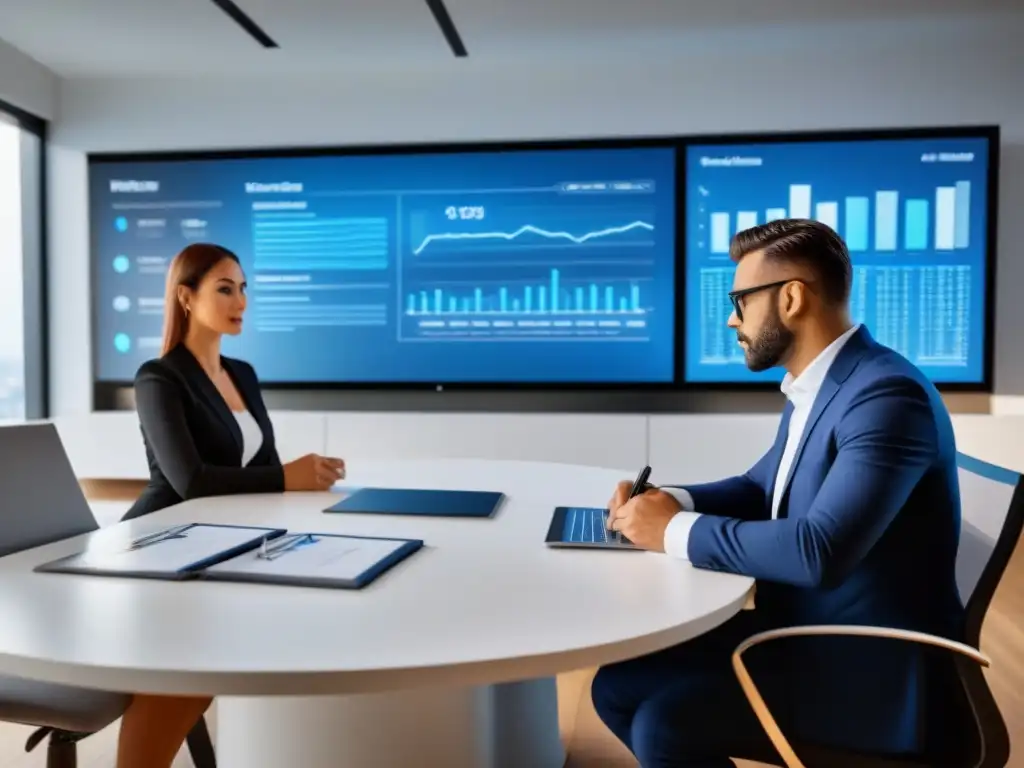 Inversores inmobiliarios en sala de juntas moderna Un grupo diverso de inversores inmobiliarios en una sala de juntas moderna, rodeados de planos, tablets y gráficos