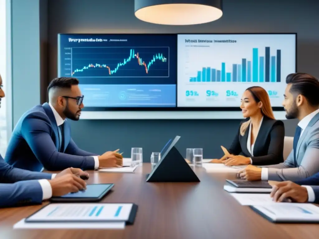 Inversores inmobiliarios: reunión estratégica en sala moderna Grupo diverso de inversores inmobiliarios protegen inversión en sala de juntas moderna y futurista