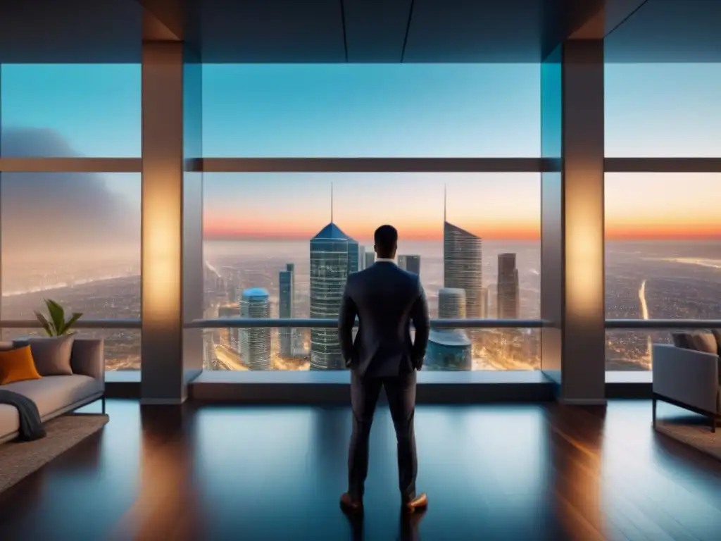 Inversores inmobiliarios diversificados en reunión estratégica Grupo diverso de inversores inmobiliarios en discusión alrededor de interfaz digital futurista, simbolizando la dinámica del mercado
