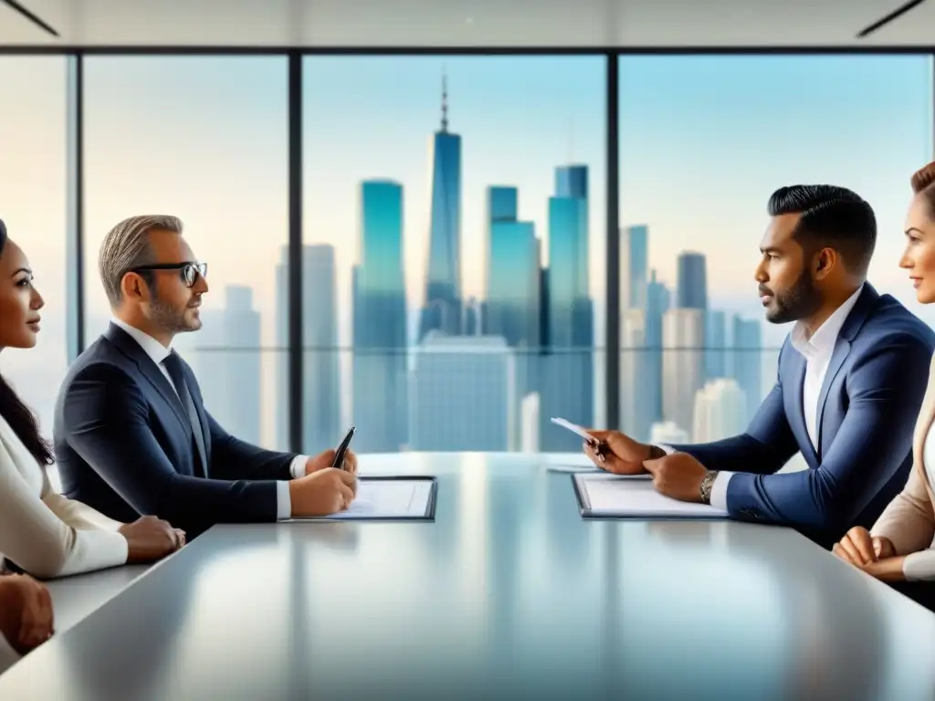 Inversores internacionales en mesa de reuniones contemporánea Grupo diverso de inversores inmobiliarios internacionales planeando estrategias en una moderna sala de juntas
