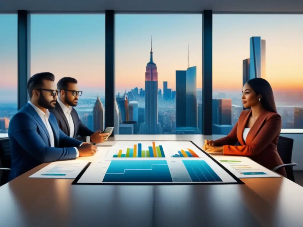 Inversores inmobiliarios colaboran en sesión estratégica Grupo diverso de inversores inmobiliarios colaborando en una oficina moderna