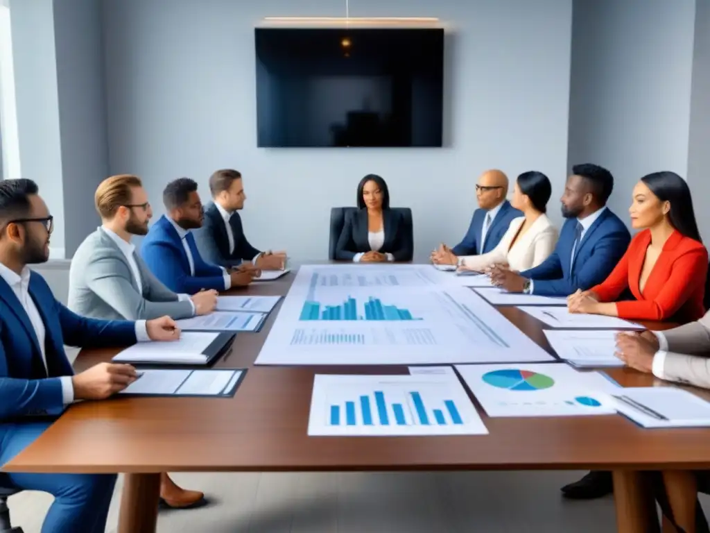 Inversores inmobiliarios aprenden juntos con asesor financiero Grupo diverso de inversores inmobiliarios novatos aprendiendo de un asesor financiero en una sala llena de gráficos y documentos
