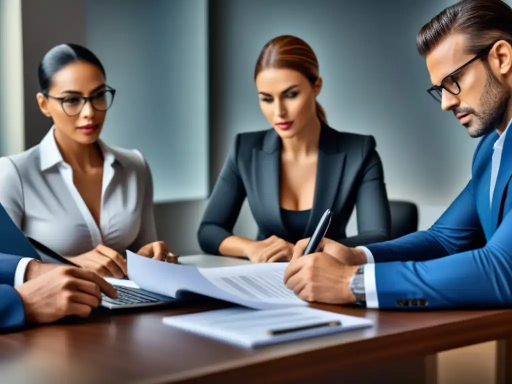 Inversionistas de bienes raíces analizando hipotecas privadas en detalle Un grupo diverso de inversores inmobiliarios examina documentos sobre hipotecas privadas en una elegante oficina moderna