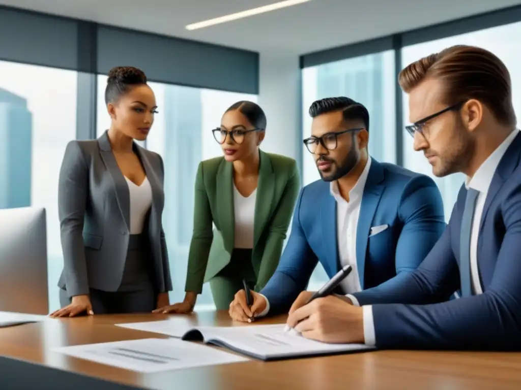 Inversores inmobiliarios revisan pólizas de seguros en oficina moderna Un grupo diverso de inversores inmobiliarios revisa documentos de seguro de propiedad en una oficina moderna, transmitiendo colaboración y expertise