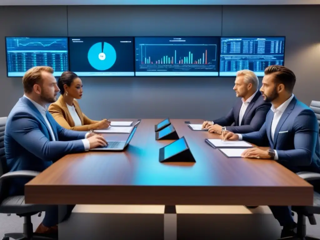 Inversionistas inmobiliarios analizan datos en sala moderna Un grupo diverso de inversores inmobiliarios serios analizando datos en una sala moderna