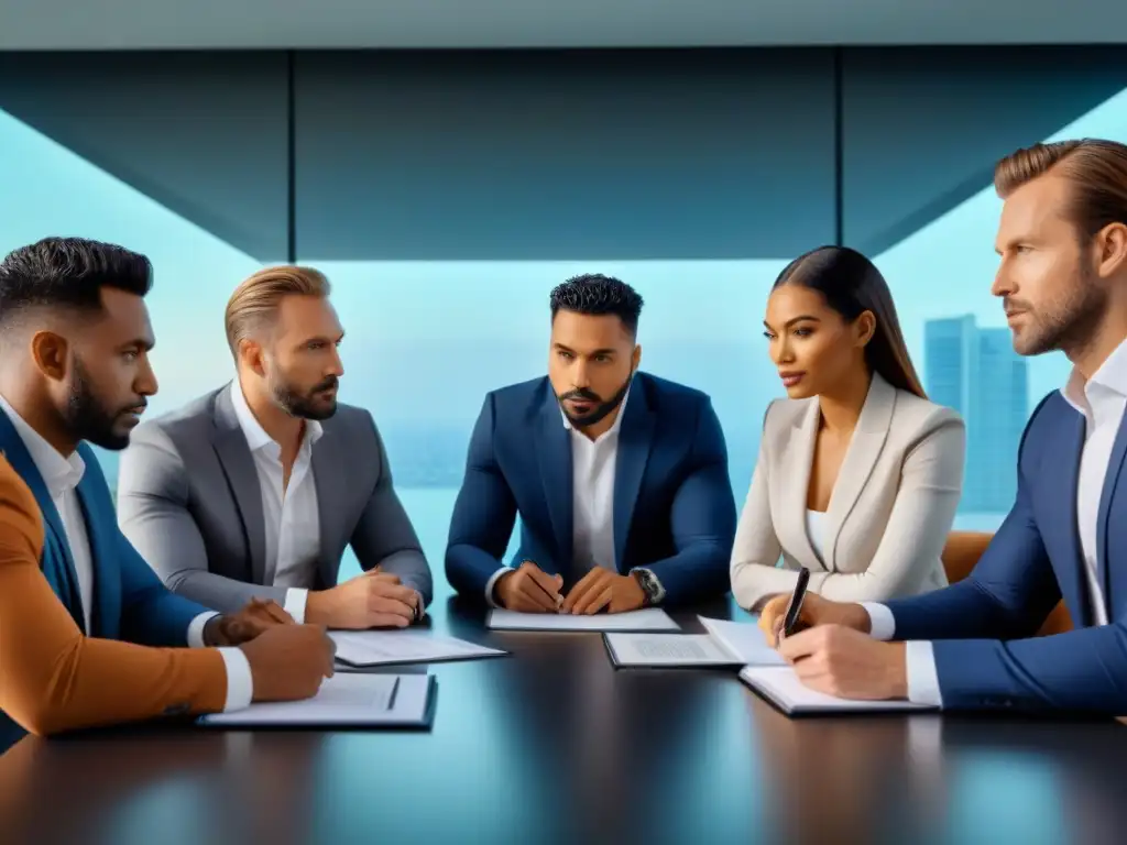 Inversionistas inmobiliarios diversificados en mesa de negociaciones Un grupo diverso de inversores inmobiliarios discutiendo términos de la Ley Hipotecaria con seriedad en una moderna sala de reuniones futurista