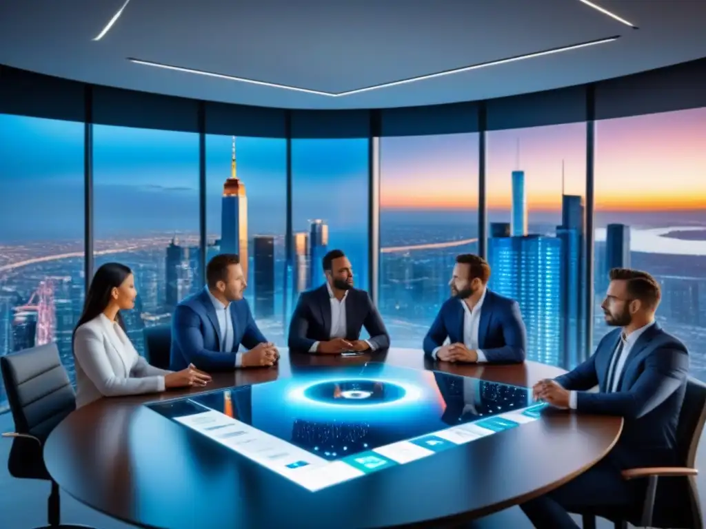 Reunión estratégica de inversionistas inmobiliarios Un grupo diverso de inversores inmobiliarios serios estudia gráficos hipotecarios en una sala de juntas futurista con vista a la ciudad