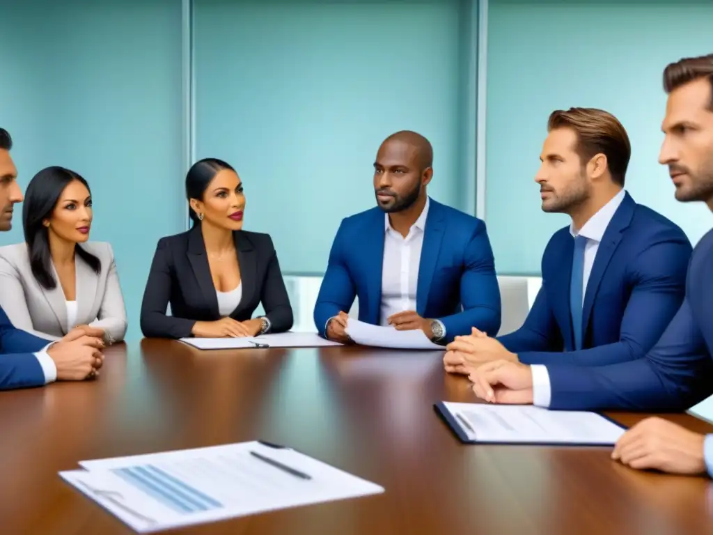 Inversionistas inmobiliarios expertos analizan contrato de hipoteca en mesa moderna Un grupo diverso de inversores inmobiliarios serios discuten la Ley Hipotecaria en una elegante sala de conferencias