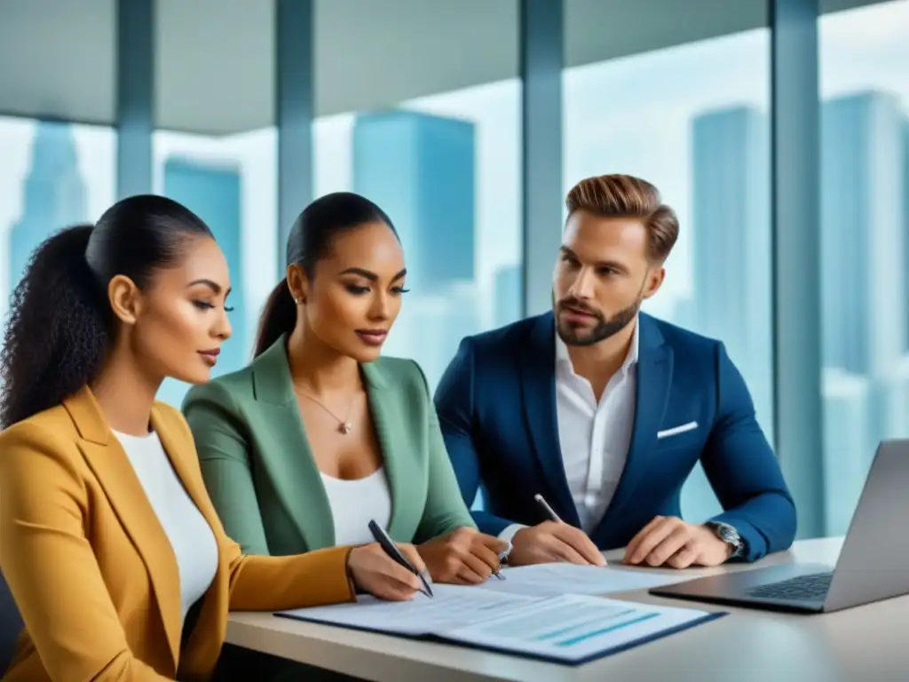 Inversores inmobiliarios en reunión: seguridad de datos Grupo diverso de inversores inmobiliarios novatos estudian medidas de seguridad de datos en moderna oficina