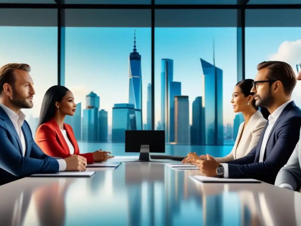 Inversionistas globales debatiendo en sala de juntas futurista Un grupo diverso de inversores inmobiliarios internacionales exitosos se reúnen en una sala de juntas moderna, discutiendo oportunidades globales de inversión