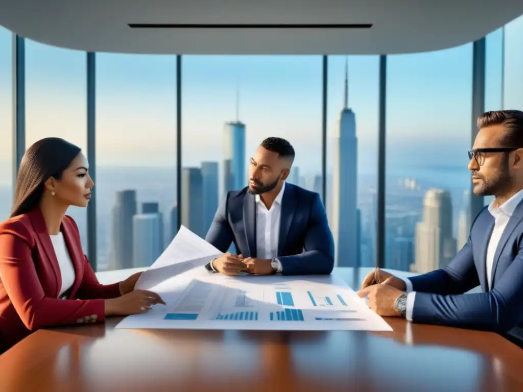 Inversores inmobiliarios: Estrategia y colaboración en sala de juntas Grupo diverso de inversores inmobiliarios revisando documentos y planos en sala moderna con vista panorámica