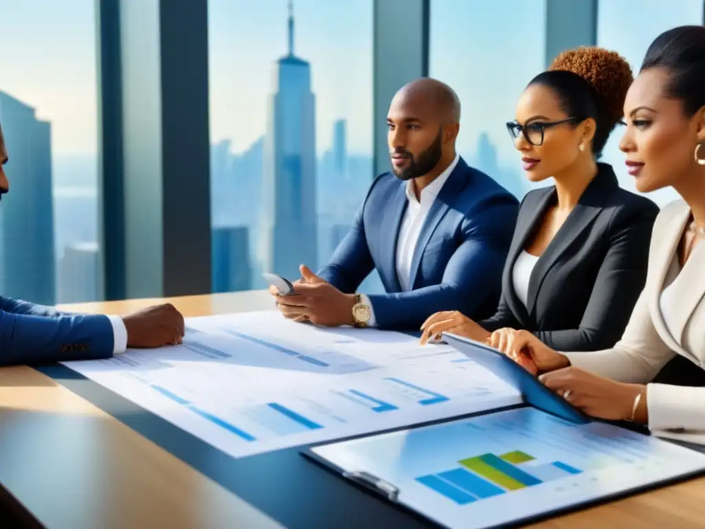 Inversionistas inmobiliarios estratégicos en reunión de negocios Un grupo diverso de inversores inmobiliarios serios discuten estratégicamente en una sala de juntas moderna, con protección y responsabilidad