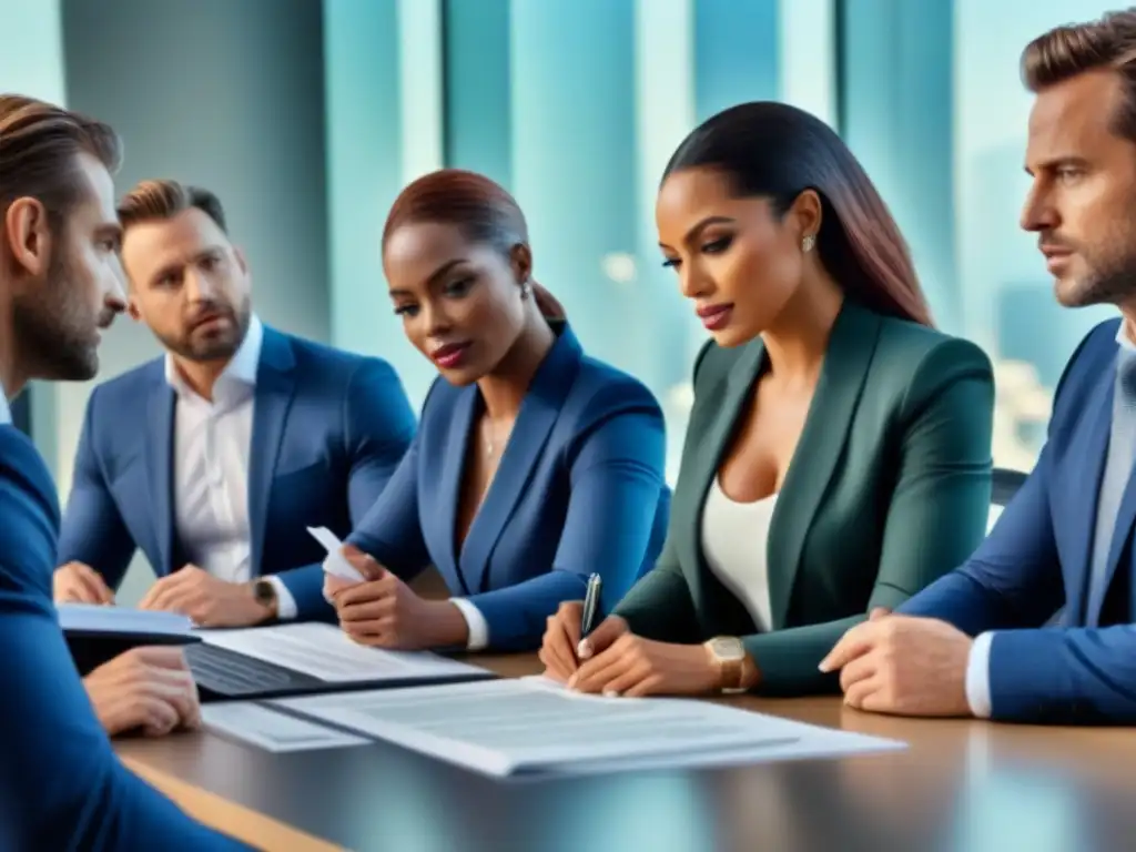 Inversores inmobiliarios analizan estrategias en oficina moderna Grupo diverso de inversores inmobiliarios serios analizando regulaciones en moderna oficina urbana