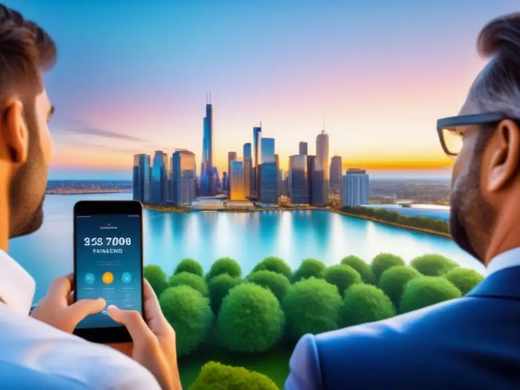 Un grupo diverso de inversores inmobiliarios sonrientes se reúnen alrededor de una interfaz de app futurista, con una ciudad innovadora de fondo