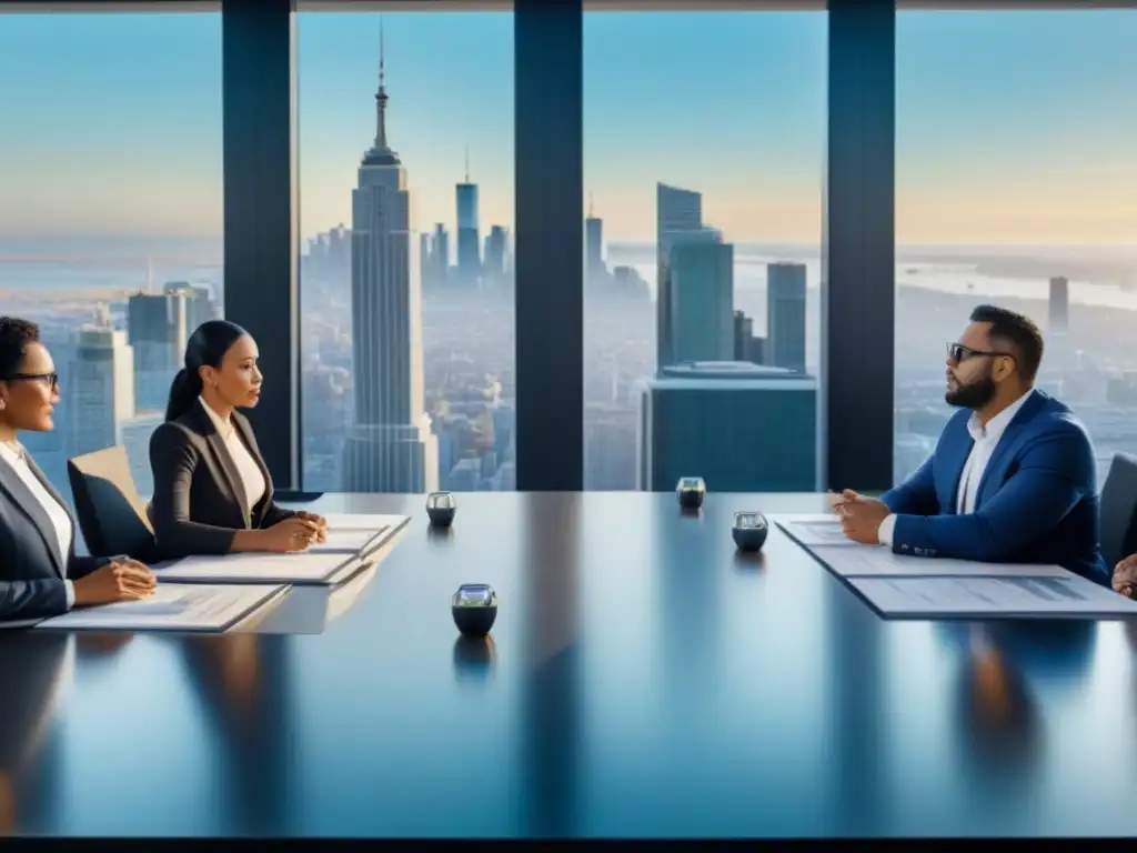 Inversionistas inmobiliarios éticos en la ciudad del futuro Grupo diverso de inversores inmobiliarios analizando datos sobre propiedad con responsabilidad ética, en sala futurista con vista urbana