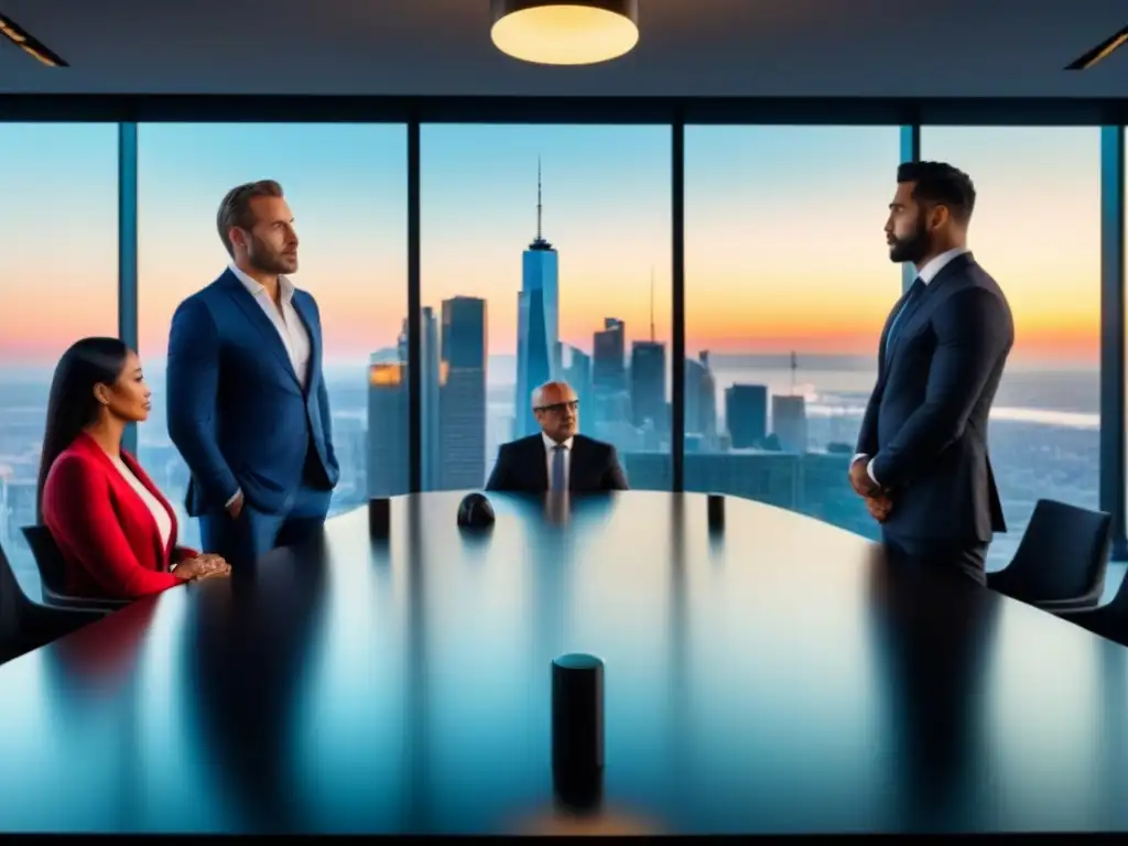 Inversores inmobiliarios analizan datos financieros en moderna sala de juntas con vista panorámica al atardecer Grupo diverso de inversores inmobiliarios discutiendo datos financieros y planos en una moderna sala de juntas con vistas panorámicas a la ciudad al anochecer, representando los desafíos de los préstamos de interés solo en un mercado sofisticado y dinámico