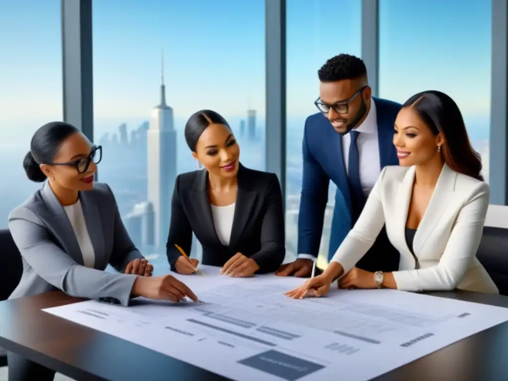 Un grupo diverso de inversores inmobiliarios exitosos revisando planos y estrategias de inversión en una oficina contemporánea