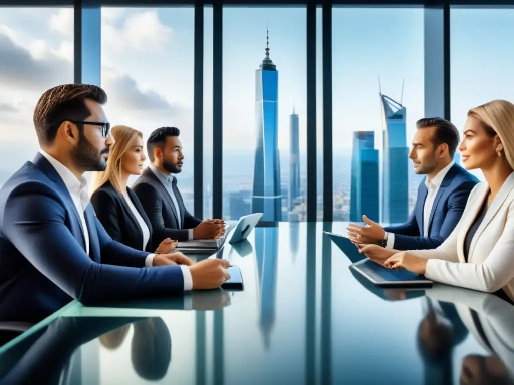 Inversores internacionales debaten estrategias financieras en panorama urbano Grupo diverso de inversores internacionales discutiendo estrategias financieras en un moderno salón con vista a la ciudad