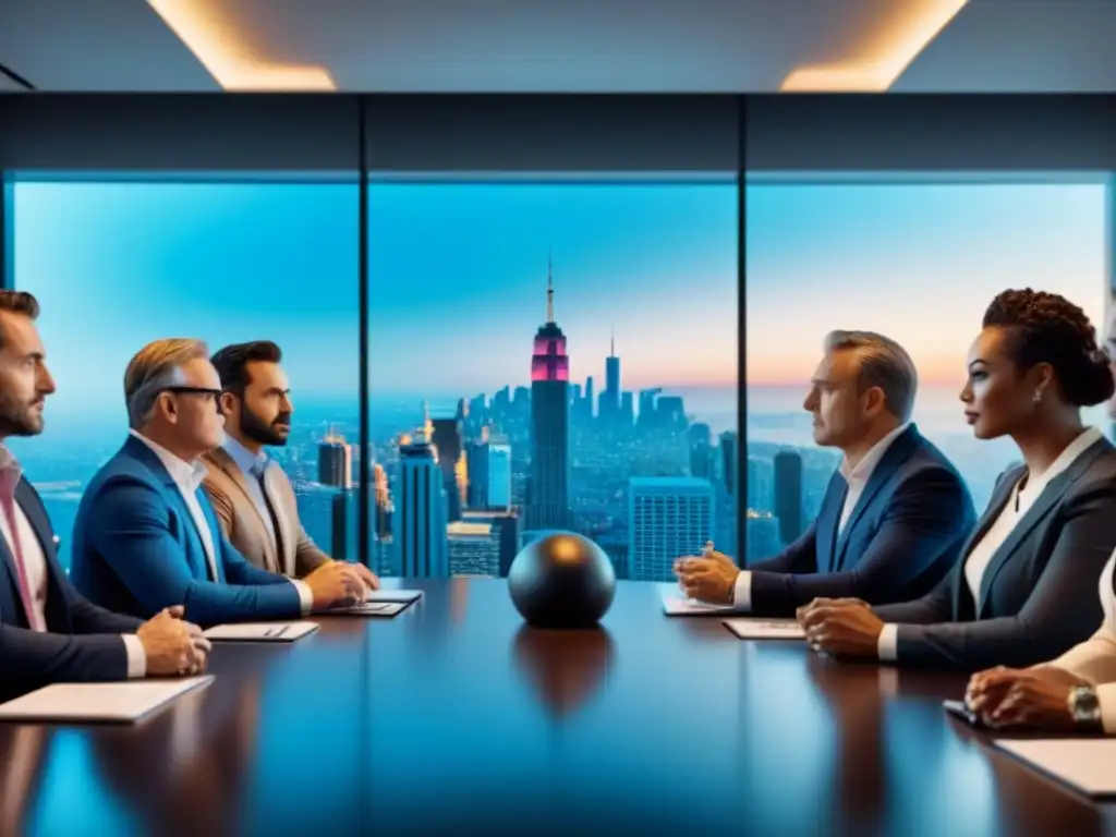 Inversores globales en reunión estratégica: imagen 8k en boardroom moderno Un grupo diverso de inversores internacionales colaborando en estrategias fiscales, en un moderno salón de reuniones con vista a la ciudad