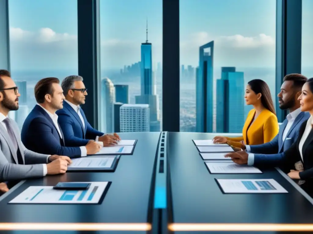 Inversores internacionales debaten estrategias inmobiliarias en oficina de lujo con tecnología avanzada Grupo diverso de inversores internacionales discuten estrategias de inversión inmobiliaria en una oficina de alto standing