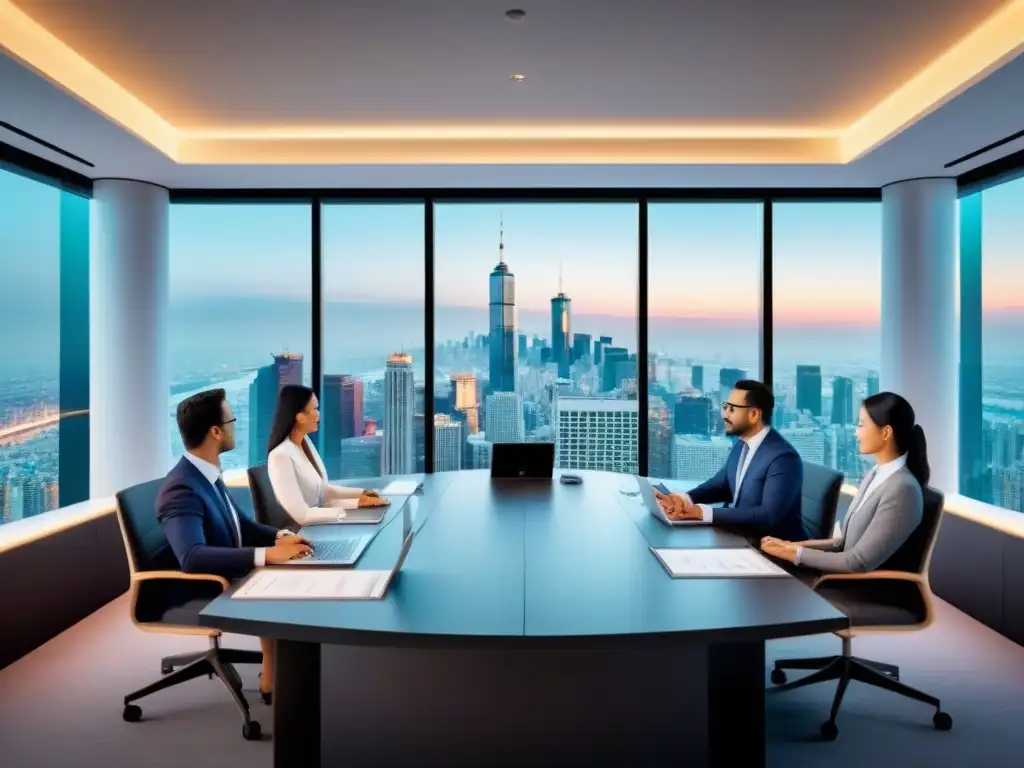 Inversores internacionales innovadores en reunión financiera Un grupo diverso de inversores internacionales discute opciones de financiamiento inmobiliario en Asia en una sala futurista con tecnología de vanguardia y vista a una ciudad asiática