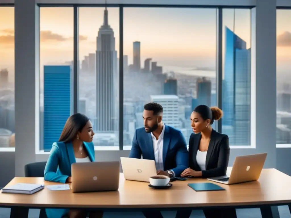 Inversores aprendiendo juntos sobre hipotecas privadas en oficina moderna Un grupo diverso de inversores novatos estudia documentos financieros juntos en una oficina contemporánea, con un enfoque en una solicitud de hipoteca en una laptop