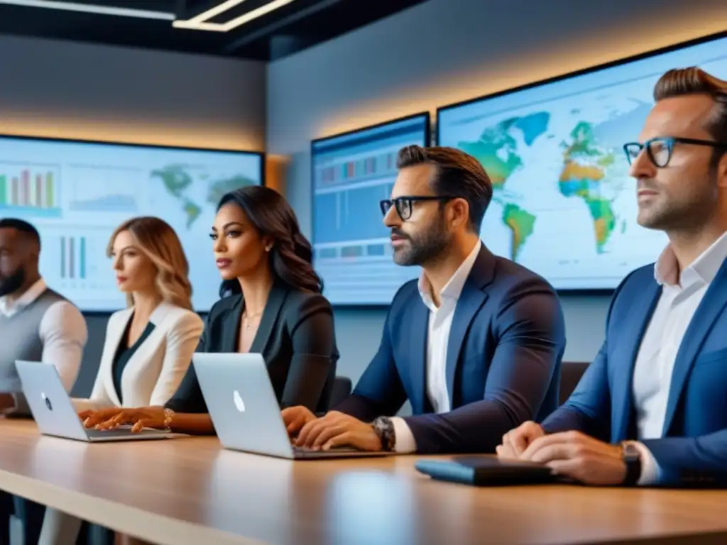 Inversores enfocados en finanzas inmobiliarias: colaboración e innovación Un grupo diverso de inversores en una oficina moderna, enfocados en laptops y tablets, rodeados de gráficos y planos