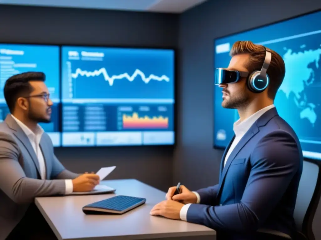 Inversores aprendiendo estrategias de gestión de riesgos en aula futurista Grupo diverso de inversores principiantes estudian estrategias de riesgo en aula futurista con datos de mercado inmobiliario