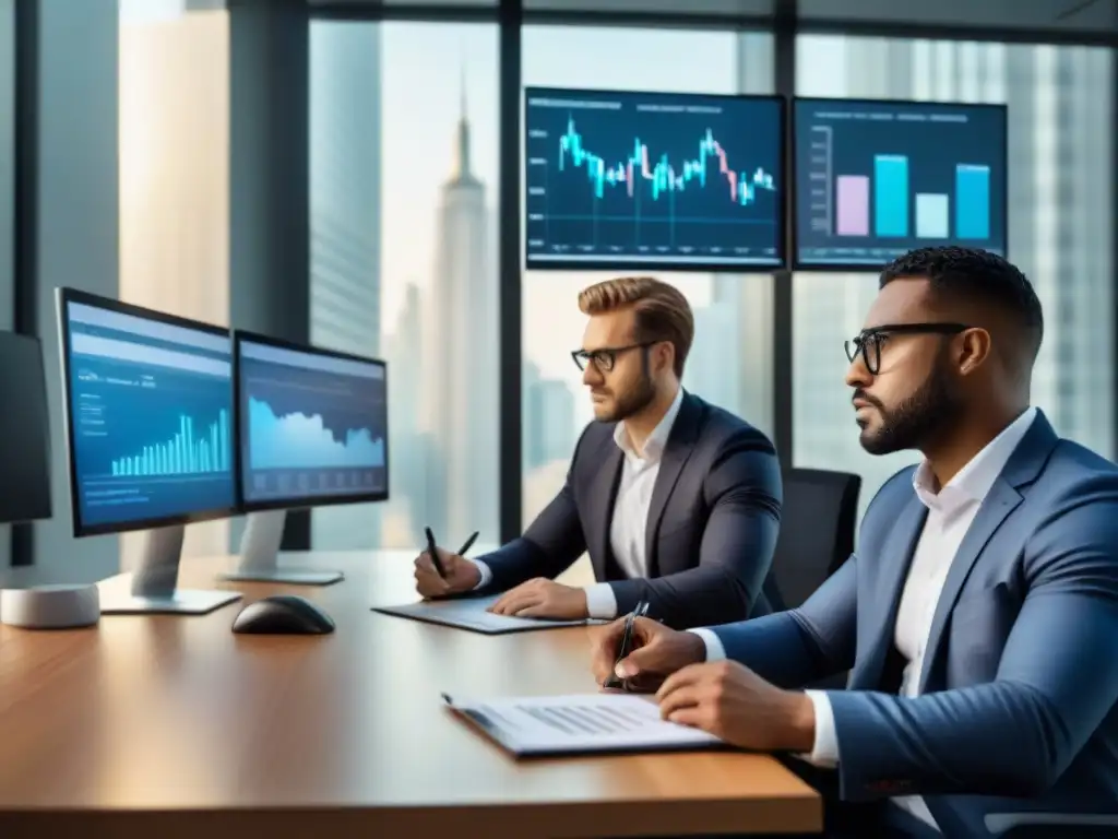 Inversionistas novatos analizan gráficos financieros en oficina moderna Un grupo diverso de inversores principiantes estudia gráficos financieros en una oficina moderna