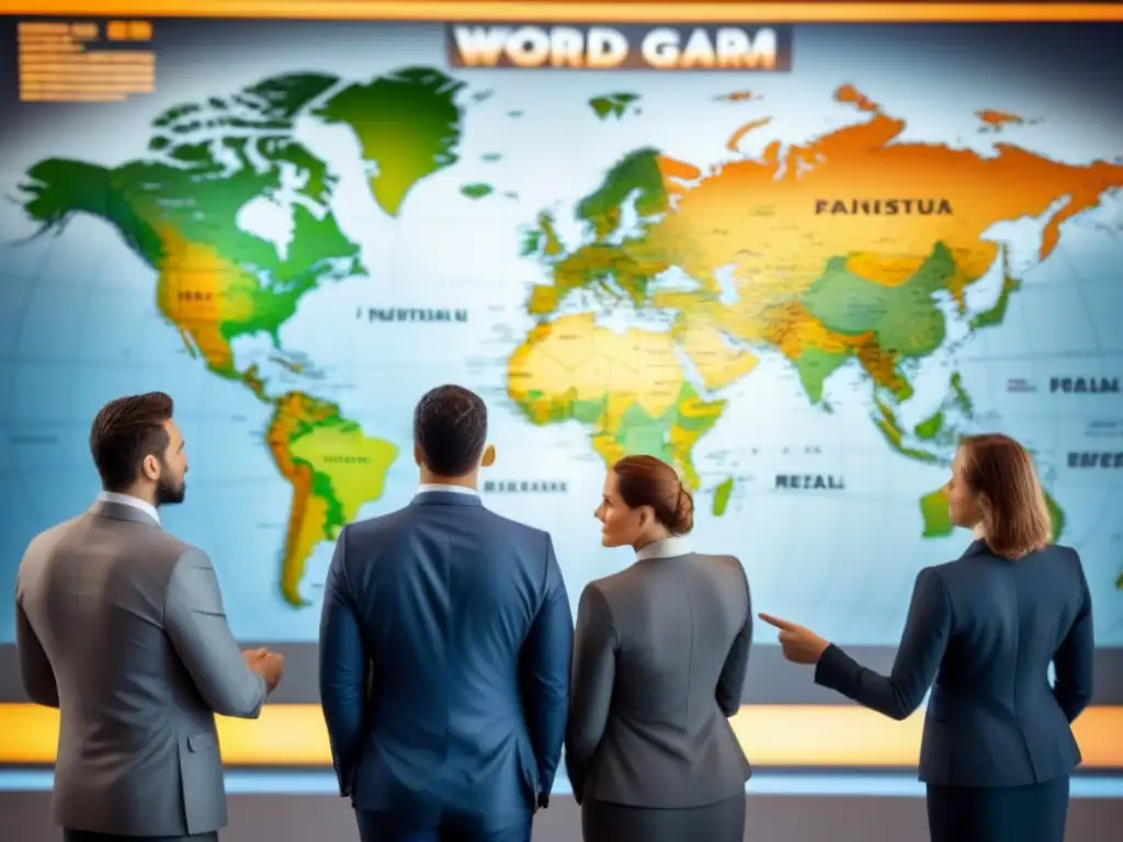 Inversionistas internacionales señalando mapamundi financiero Grupo diverso de inversores profesionales señalando países en un mapa mundial, con gráficos financieros