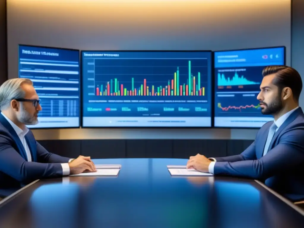 Un grupo diverso de inversores profesionales analiza datos de REITs en una sala de juntas moderna