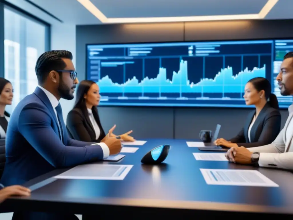 Reunión estratégica de inversores: diversidad y tecnología en acción Grupo diverso de inversores profesionales analizando datos financieros en una oficina moderna