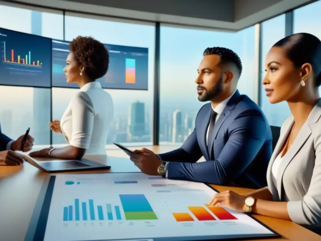 Inversores profesionales analizan estrategias de inversión sostenible en moderna sala de juntas Un grupo diverso de inversores profesionales en una sala de juntas moderna, discutiendo estrategias de financiamiento inmobiliario sostenible