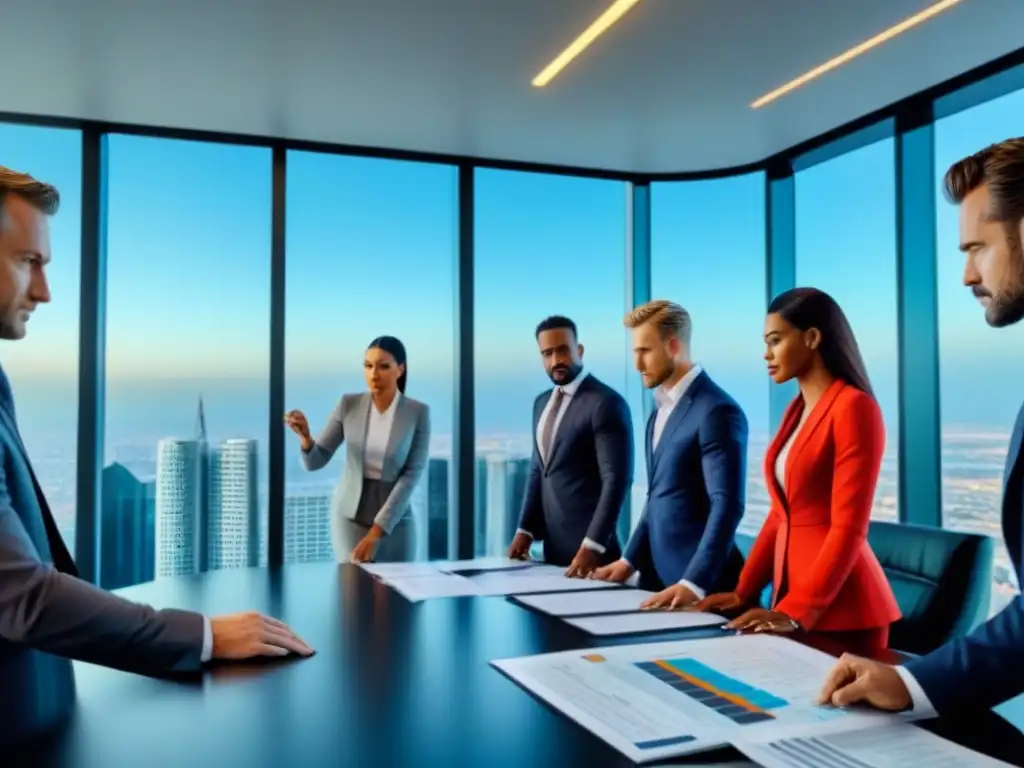 Un grupo diverso de inversores profesionales analiza documentos y estrategias de inversión en una oficina de torre con vistas a la ciudad