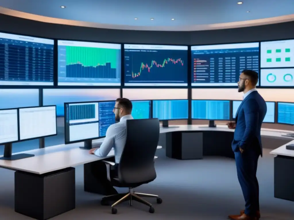 Profesionales analizan datos financieros en oficina moderna Grupo diverso de inversores profesionales analizando datos financieros en una oficina moderna, creando ambiente sofisticado