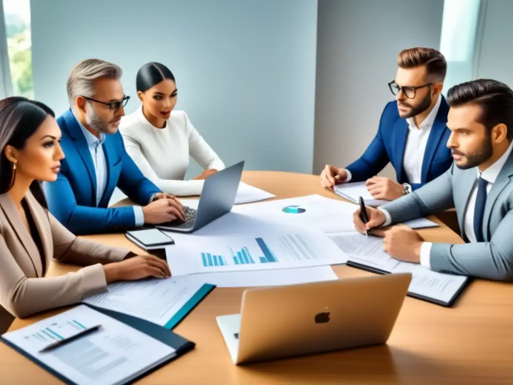 Inversores analizan seguros de propiedad: diversidad y profesionalismo Un grupo diverso de inversores compara seguros de propiedad en una reunión profesional