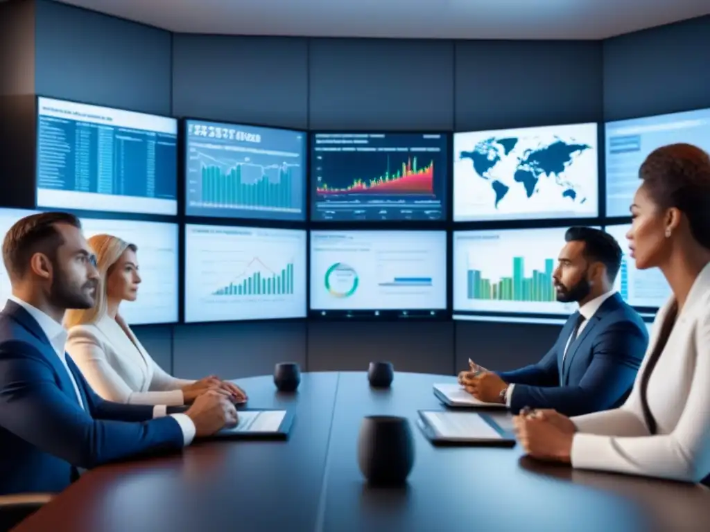 Un grupo diverso de inversores serios analizan gráficos financieros en una moderna sala de juntas, rodeados de pantallas digitales