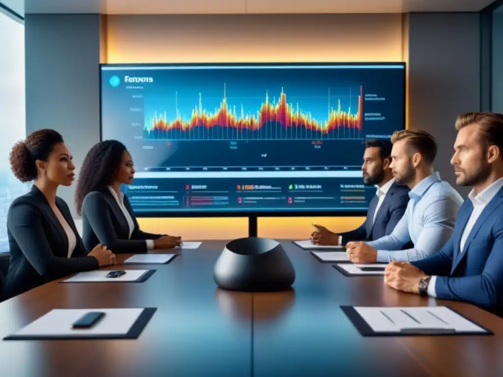 Inversores analizando gráficos inmobiliarios en sala de juntas moderna Grupo diverso de inversores serios en sala moderna, analizando gráficos inmobiliarios