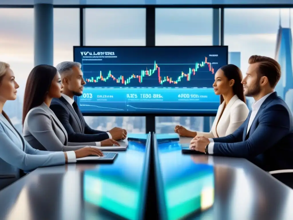 Inversores analizando datos financieros en sala de juntas futurista Un grupo diverso de inversores serios analiza gráficos financieros en una sala de juntas futurista con vista a la ciudad