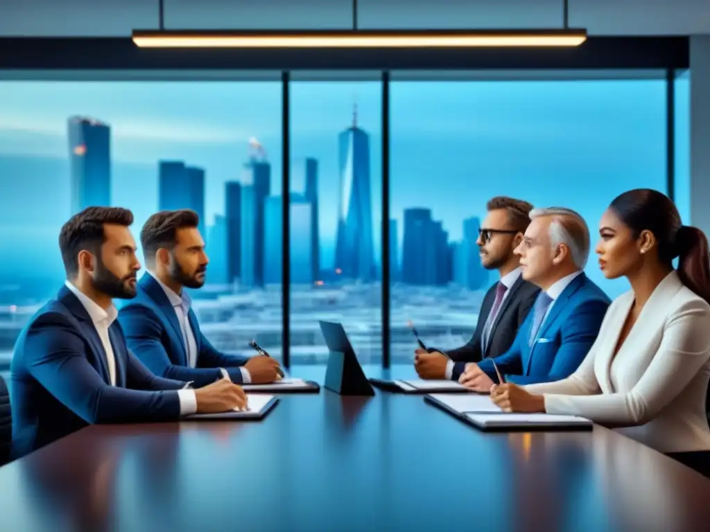 Inversores analizando datos financieros de REIT en moderna sala de juntas Un grupo diverso de inversores serios analizando datos financieros sobre inversiones en REITs, con una vista de la ciudad de fondo