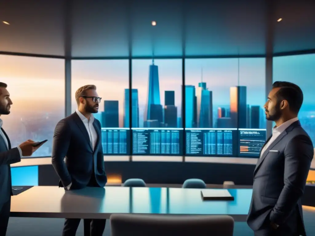 Grupo diverso de inversores serios analizan holograma con tendencias del mercado inmobiliario