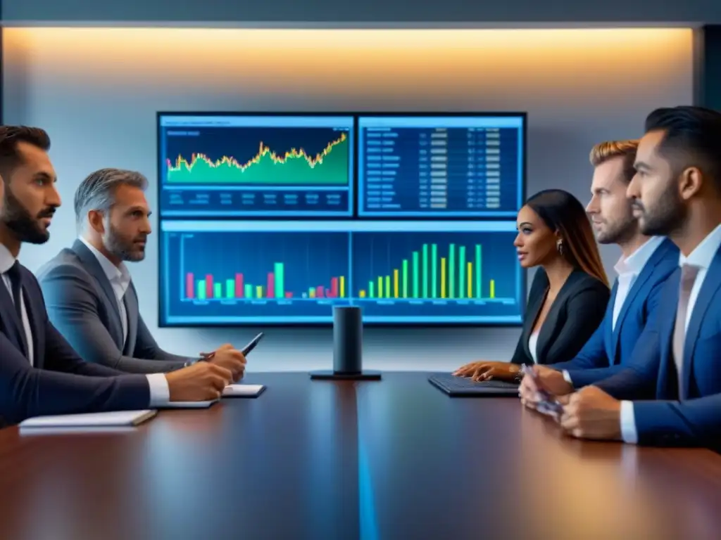 Inversores analizando gráficos financieros en sala de juntas moderna Grupo diverso de inversores serios en sala moderna, analizando gráficos financieros sobre préstamos inmobiliarios