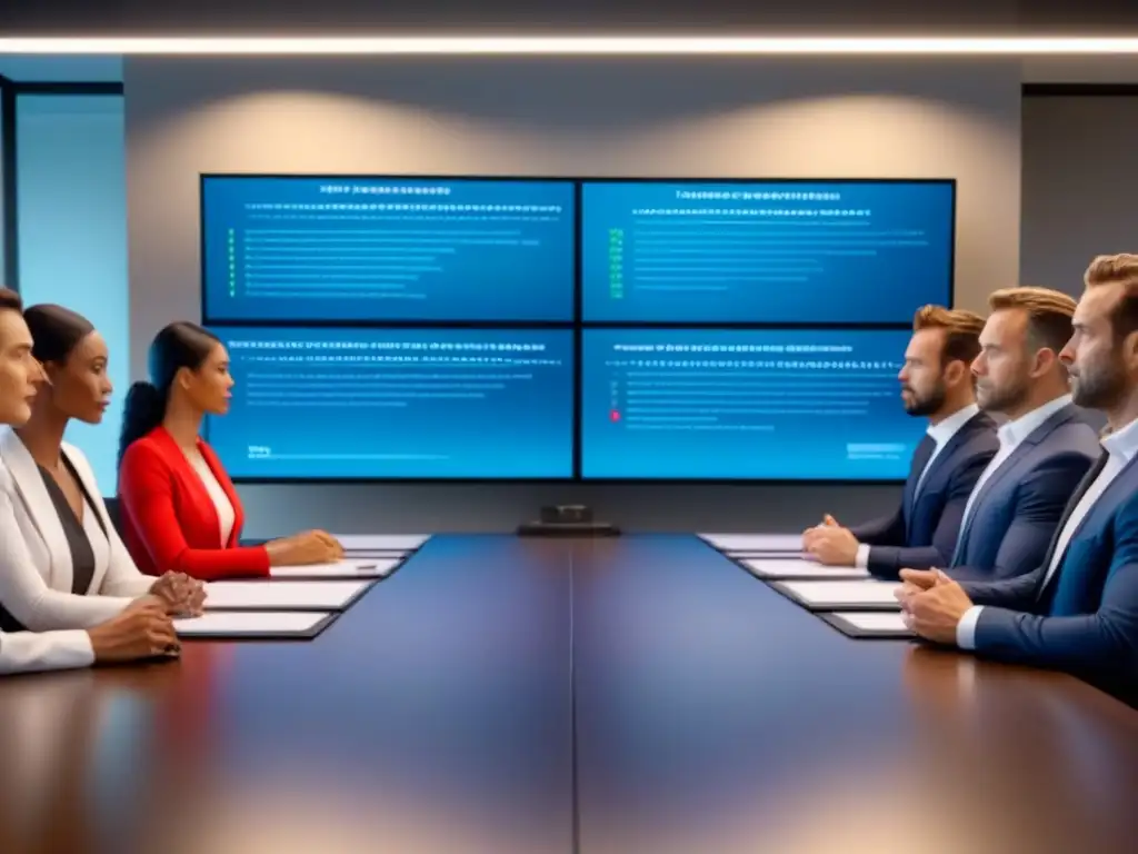 Inversores analizan pólizas de seguros en mesa moderna Un grupo diverso de inversores serios comparando seguros de propiedad en una mesa de conferencias moderna