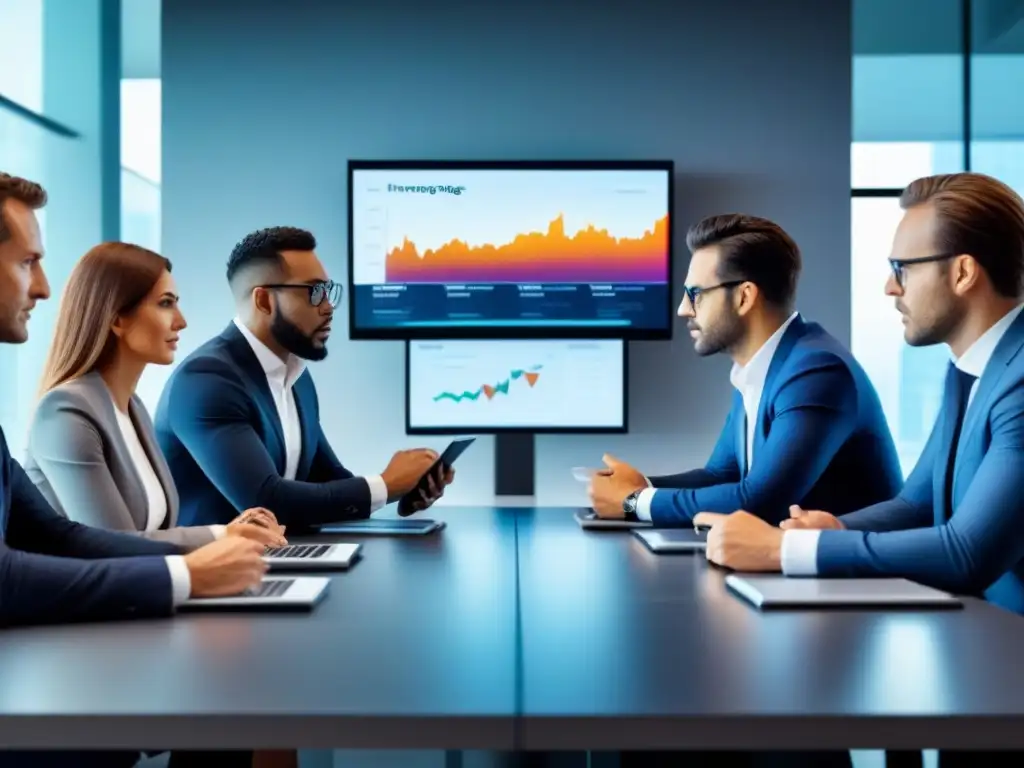 Inversores expertos en mesa futurista: estrategias en hipotecas privadas Un grupo diverso de inversores serios discute estrategias en una sala futurista, rodeados de datos financieros