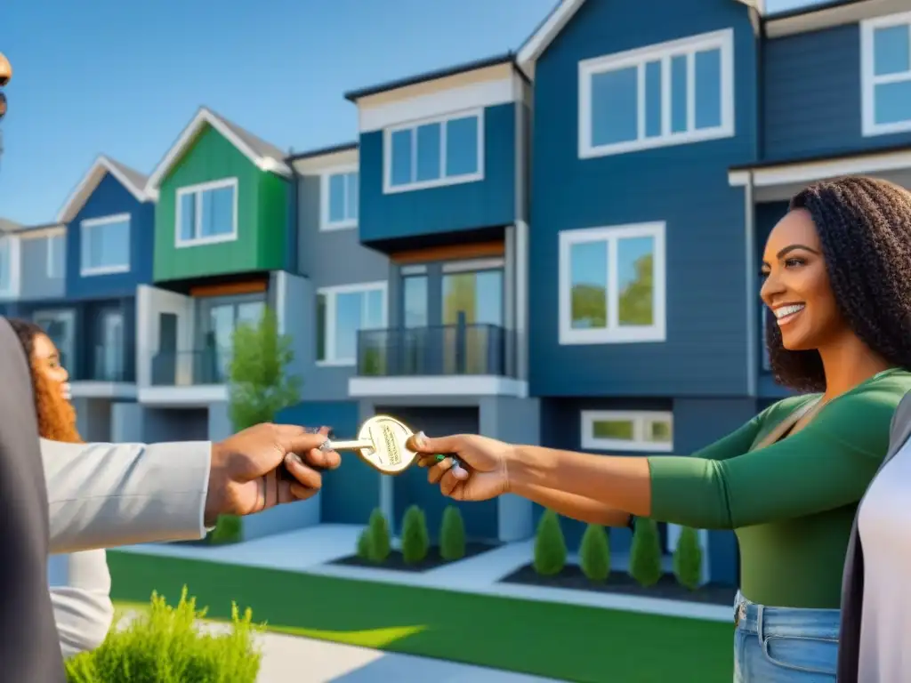 Jóvenes felices recibiendo llaves de sus nuevas casas Un grupo diverso de jóvenes felices recibe las llaves de sus nuevas casas de un agente inmobiliario frente a modernas viviendas