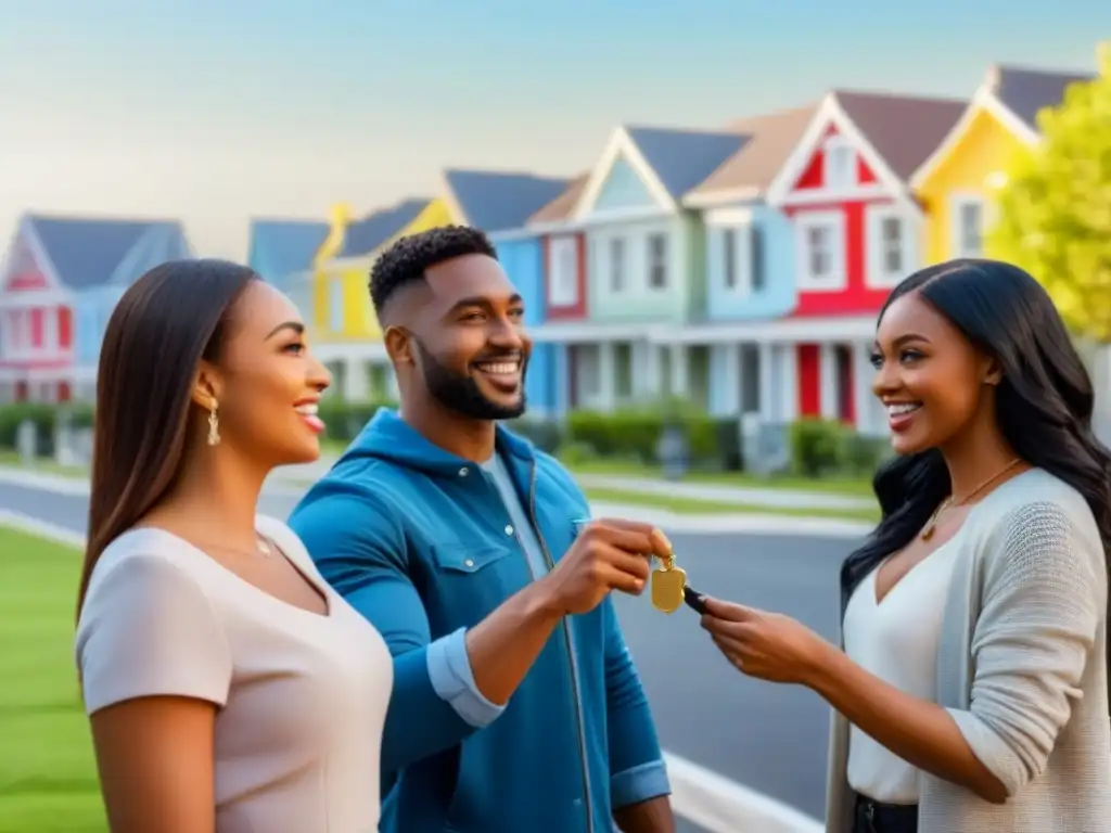 Un grupo diverso de jóvenes felices recibe las llaves de sus nuevas casas de un agente inmobiliario en un vecindario colorido y verde
